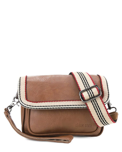 Distressed Leather Flap Trim Crossbody Bag - Camel