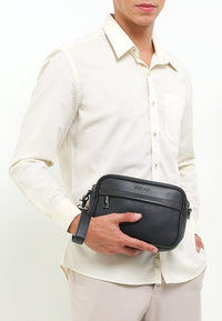 Distressed Leather Zipper Crossbody Bag - Black