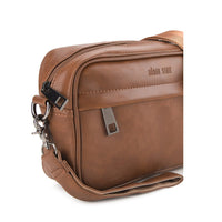 Distressed Leather Zipper Crossbody Bag - Camel