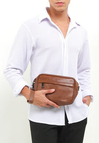 Distressed Leather Zipper Crossbody Bag - Camel