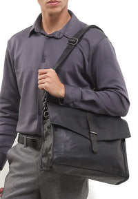 Distressed Leather Commuter Tablet Crossbody Bag - Black