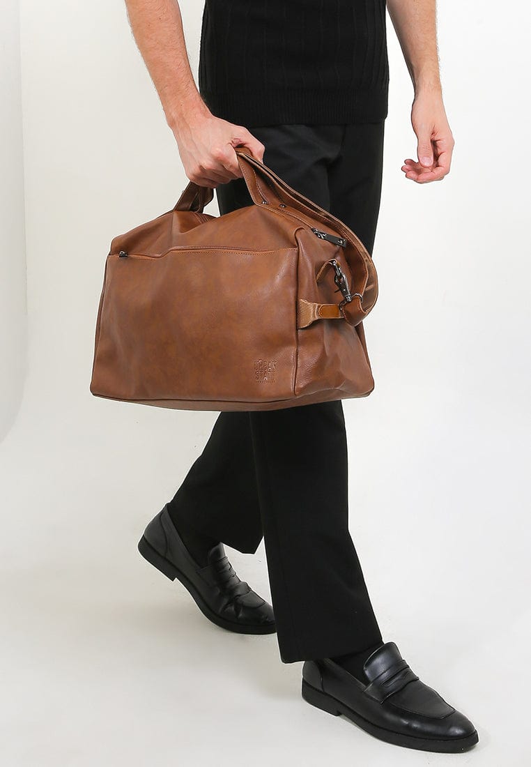 Distressed Leather Carry Duffel Bag - Camel