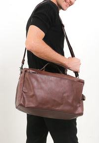 Distressed Leather Carry Duffel Bag - Dark Brown