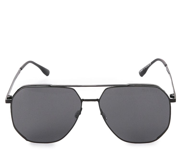 Polarized Stainless Frame Vintage Hexagon Aviator Sunglasses - Black Black