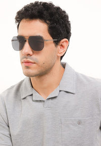 Polarized Stainless Frame Modern Hexagon Aviator Sunglasses - Black Silver