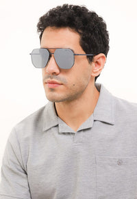 Polarized Stainless Frame Napoli Hexagon Aviator Sunglasses - Black Blue