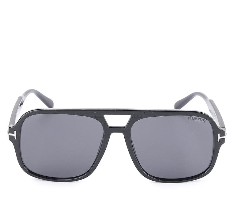 Polarized Plastic Frame Double Bridge Square Sunglasses Black Glossy