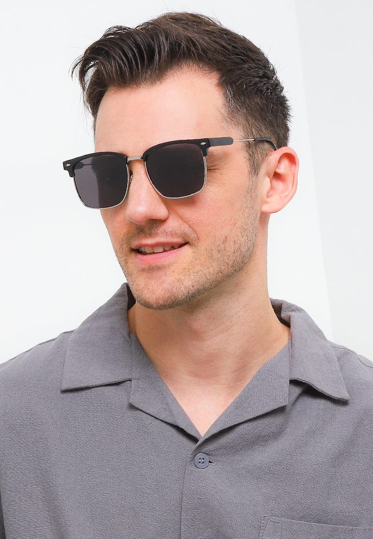 Polarized Stainless Frame Clubmaster Square Sunglasses - Black Black