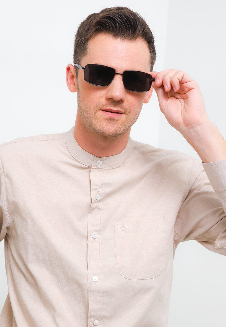 Polarized Stainless Frame Wrap Rectangular Sunglasses - Black Black