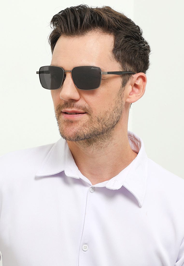 Polarized Stainless Frame SolidView Rectangular Sunglasses - Black Silver
