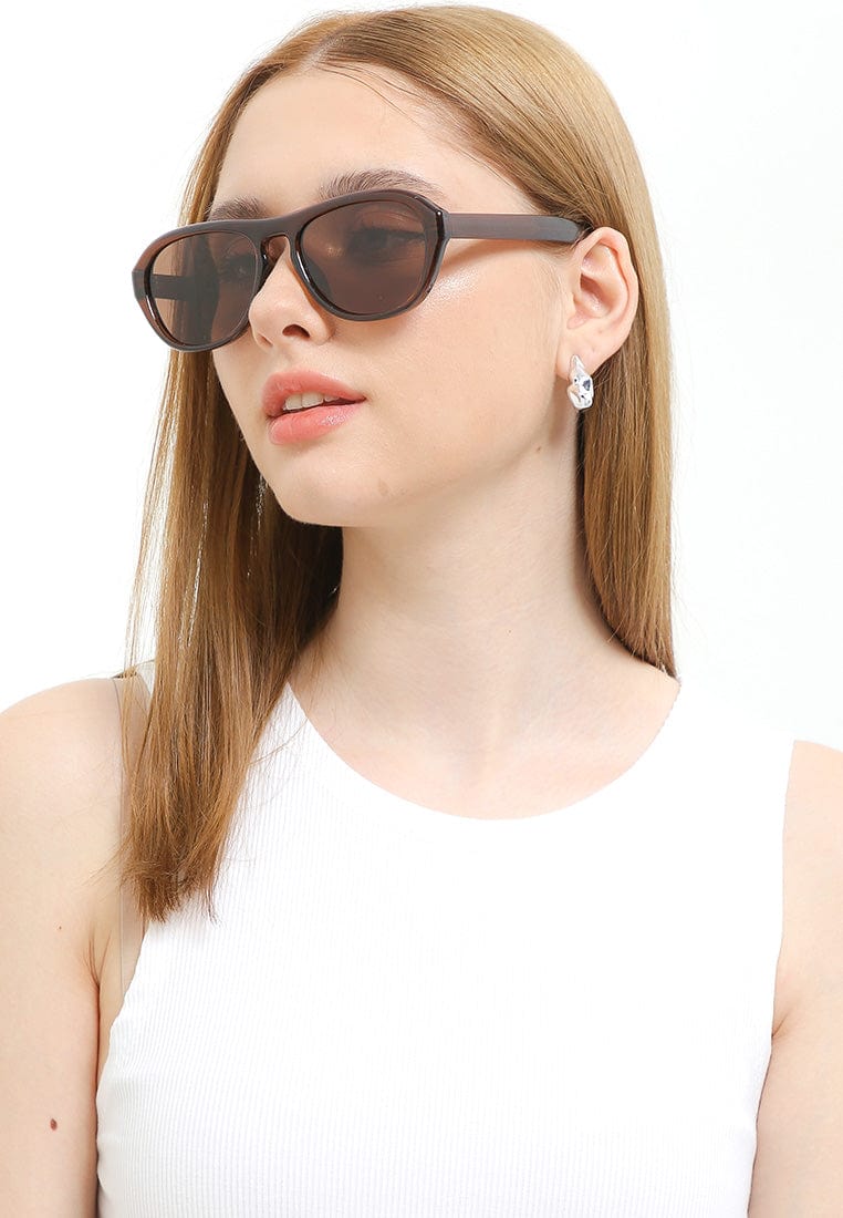 Polarized Plastic Frame Wrap Oval Sunglasses - Brown Brown