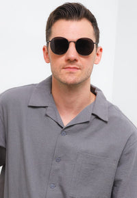 Polarized Stainless Frame Retro Round Sunglasses - Black Black