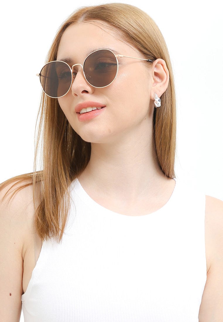 Polarized Stainless Frame Retro Round Sunglasses - Brown Gold