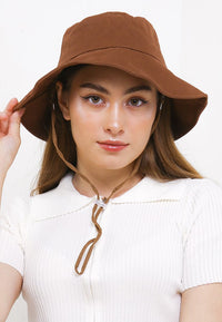 Basic Cotton Bucket Hat with String - Brown