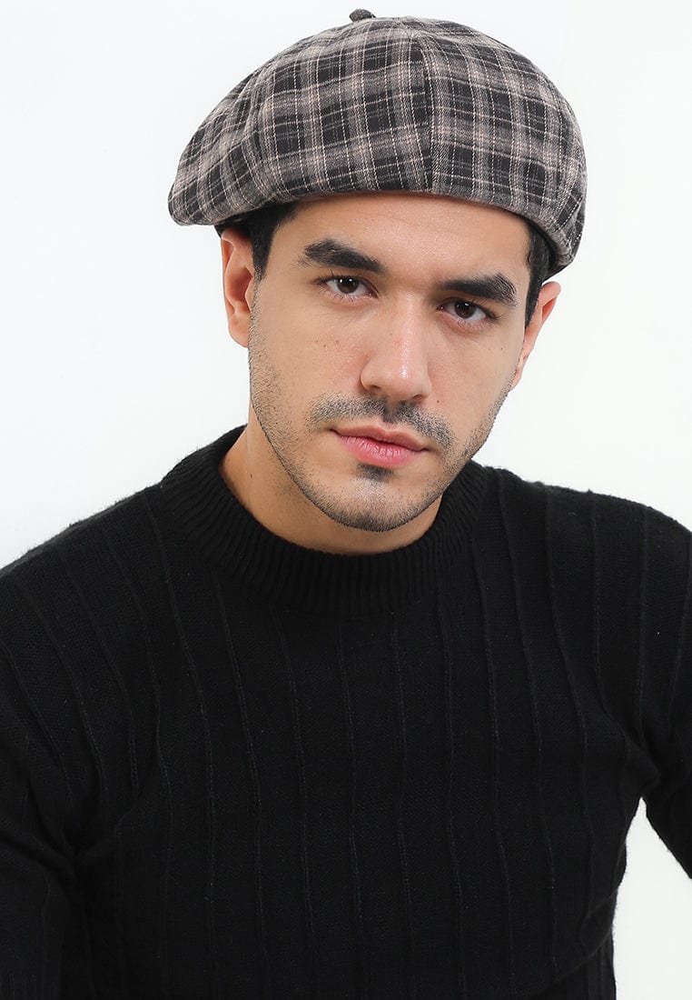 Plaid Beret - Beige Black