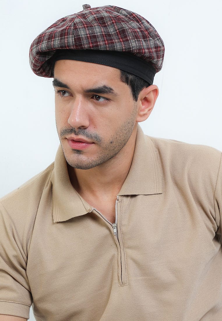 Plaid Beret - Red Grey