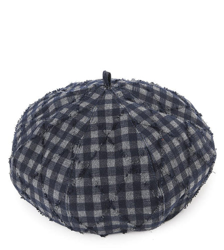 Ripped Checkered Beret - Navy