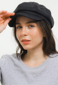 Faux Leather Newsboy Cap - Black