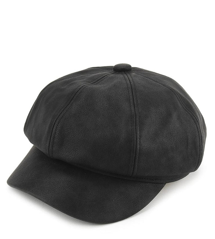 Faux Leather Newsboy Cap - Black