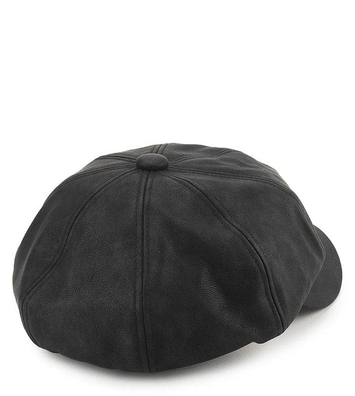 Faux Leather Newsboy Cap - Black