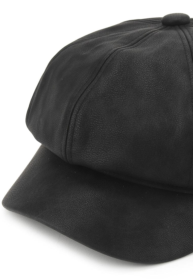 Faux Leather Newsboy Cap - Black