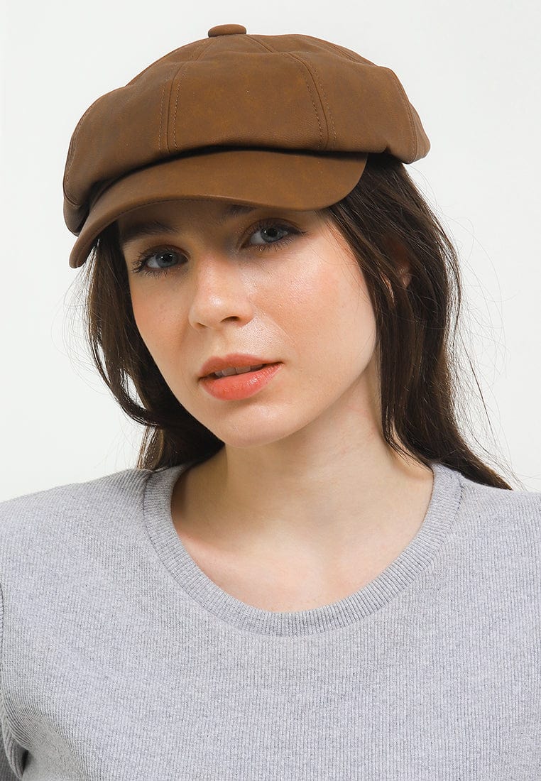 Faux Leather Newsboy Cap - Brown