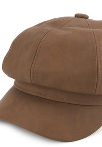 Faux Leather Newsboy Cap - Brown