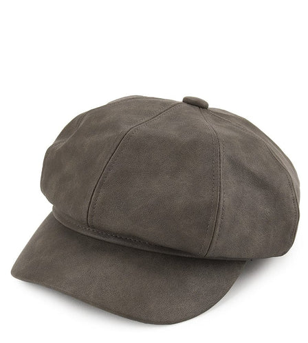 Faux Leather Newsboy Cap - Grey