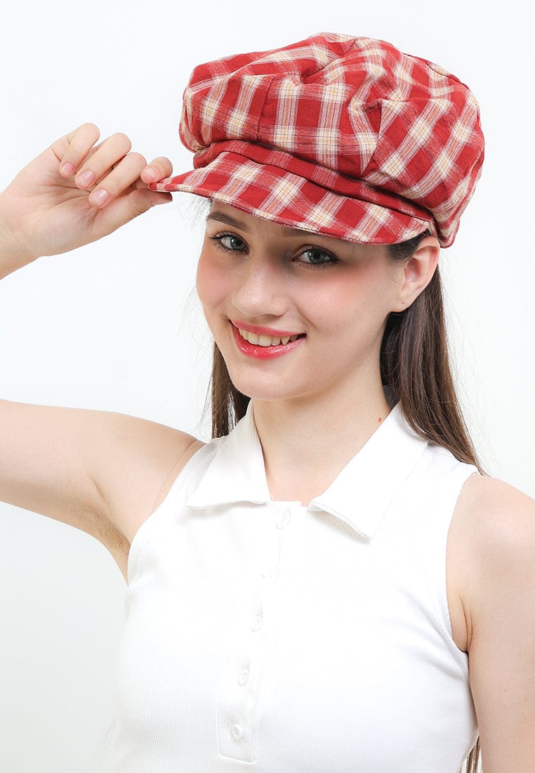 Checkered Newsboy Cap - Red