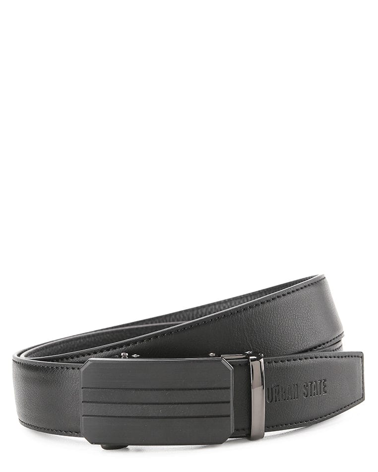 Stripe Plate Buckle Top Grain Leather Belt - Black