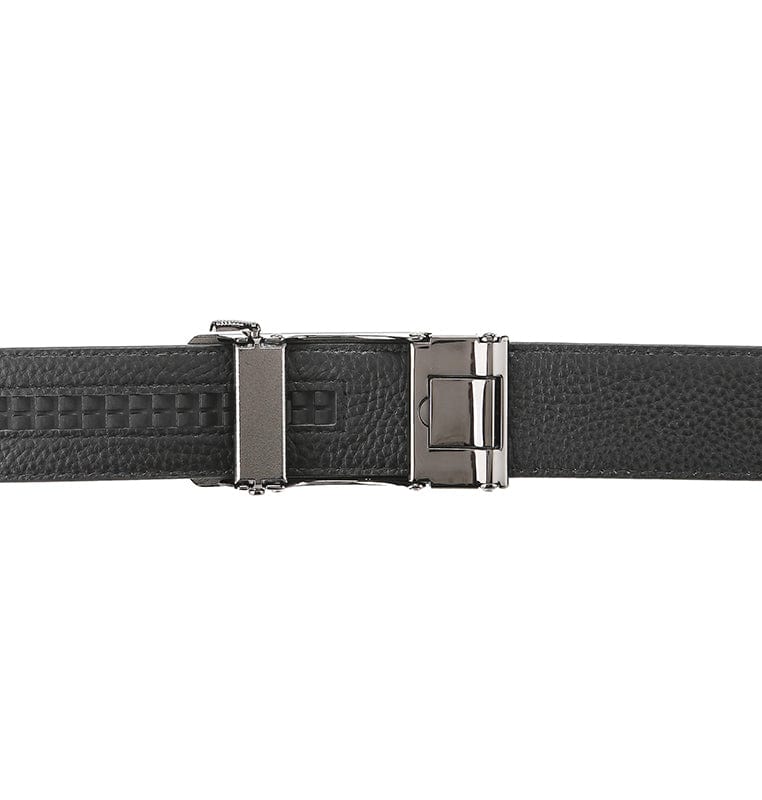 Stripe Plate Buckle Top Grain Leather Belt - Black