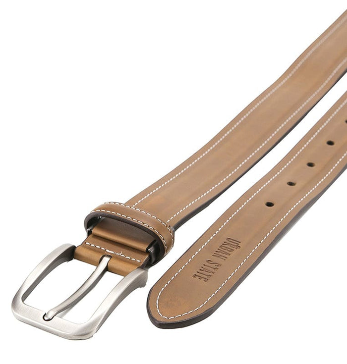 Matte Plated Pin Buckle Top Grain Leather Belt - Camel