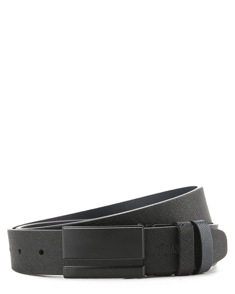 Shadow Plate Buckle Reversible Top Grain Leather Belt - Black Blue