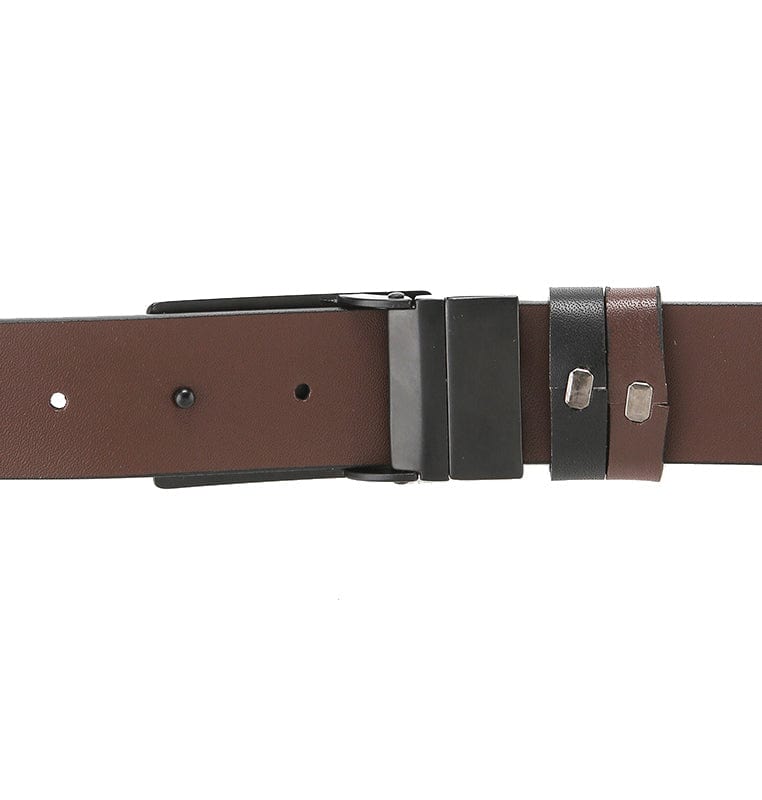 Ratchet Plate Buckle Reversible Top Grain Leather Belt - Black Brown