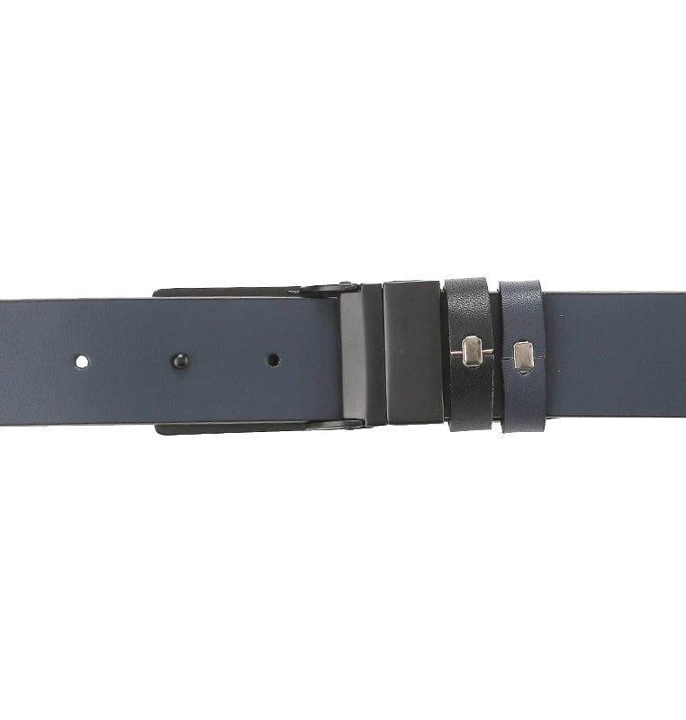 Ratchet Plate Buckle Reversible Top Grain Leather Belt - Black Blue