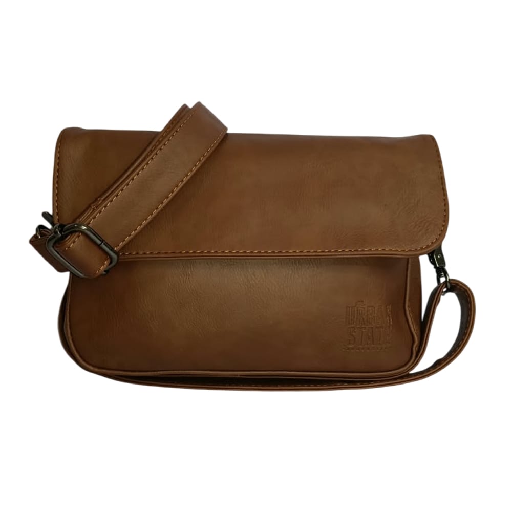 Distressed Leather Cityform Crossbody Pouch Bag - Camel