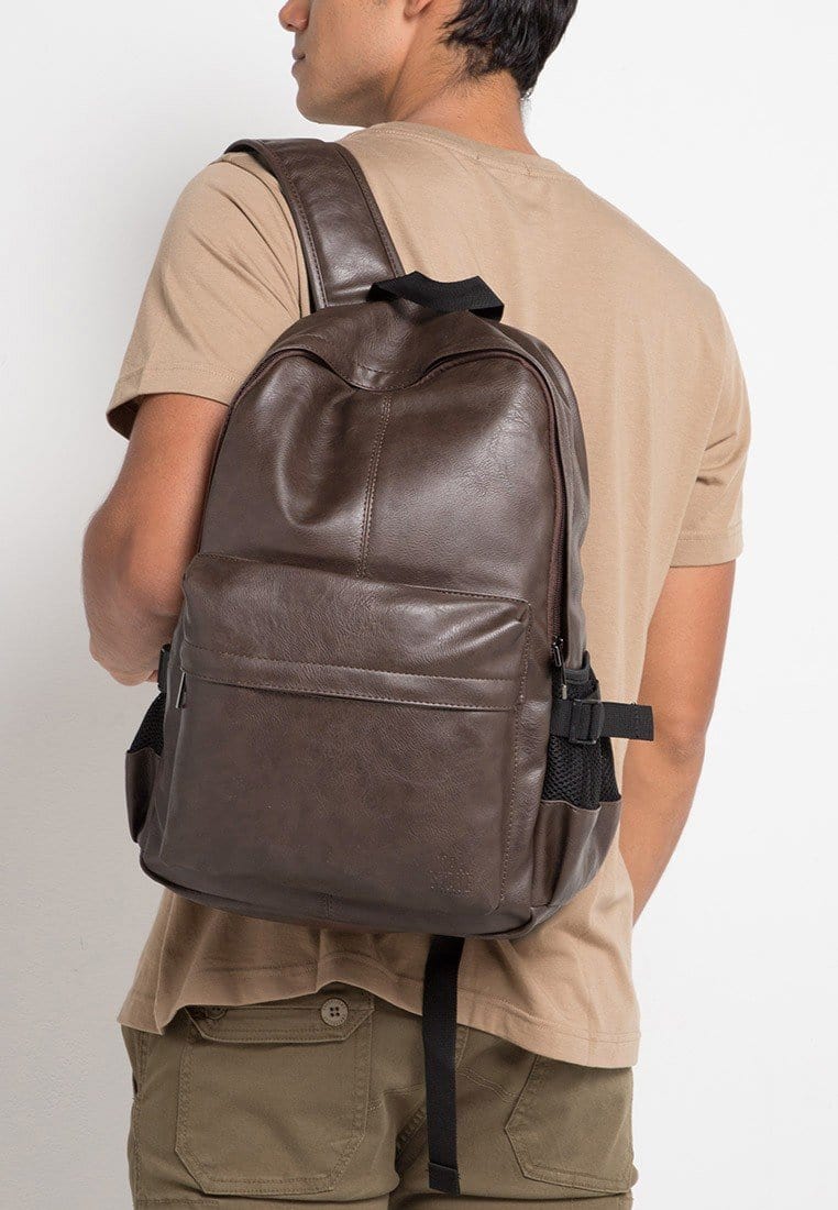 Distressed Leather Mesh Backpack - Brown