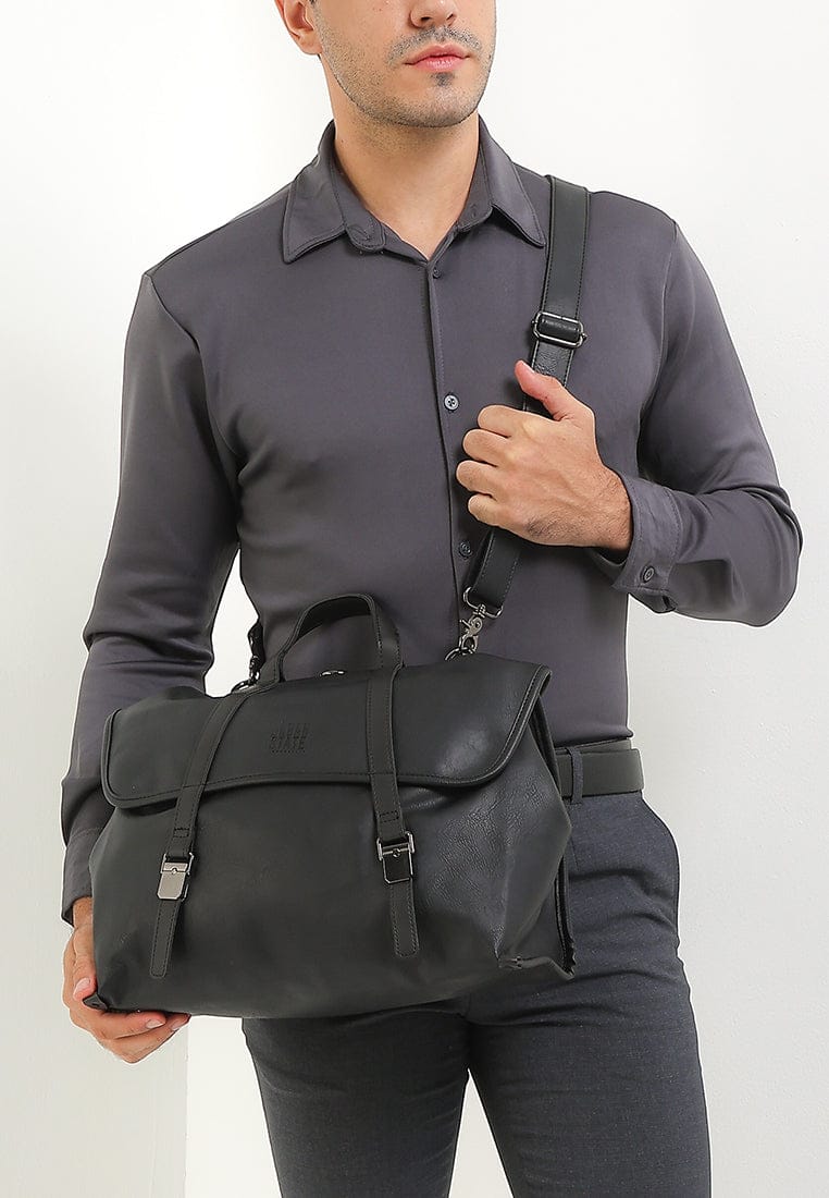 Distressed Leather Atlas Convertible Messenger Backpack - Black