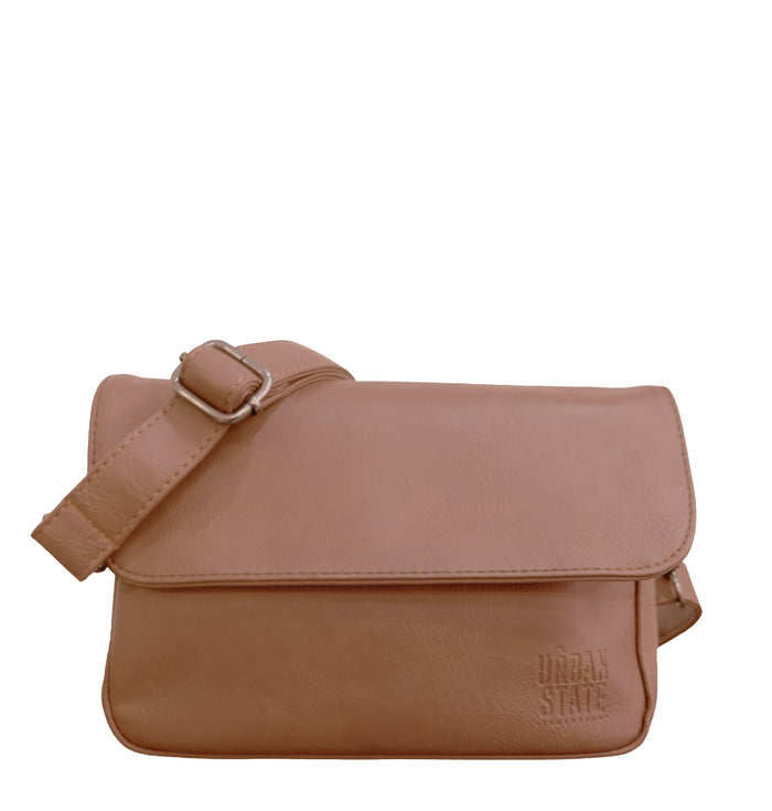 Distressed Leather Cityform Crossbody Pouch Bag - Camel