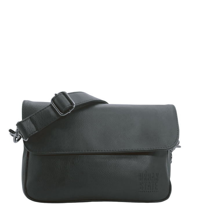 Distressed Leather Cityform Crossbody Pouch Bag - Black
