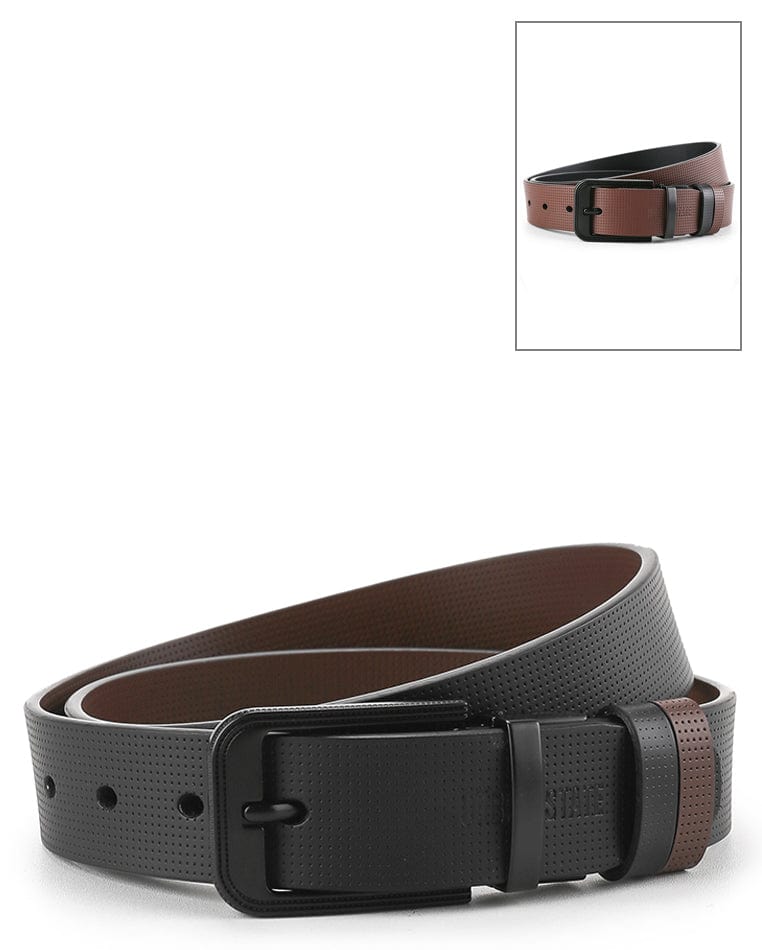 Black Modern Pin Buckle Reversible Top Grain Leather Belt - Black Brown
