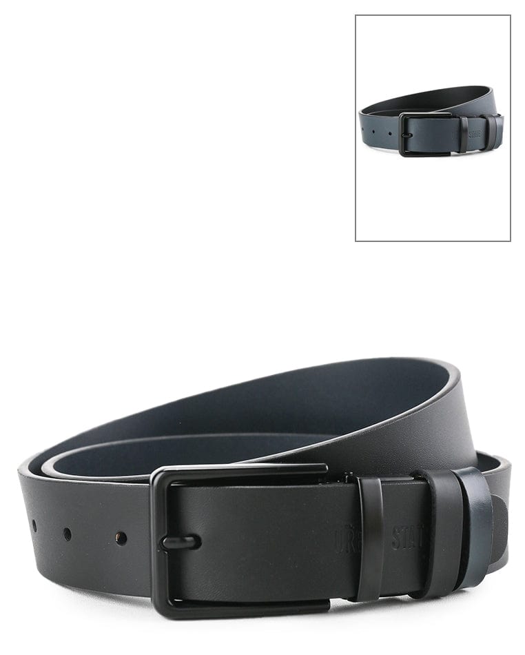 Black Slim Square Pin Buckle Reversible Top Grain Leather Belt - Black Blue