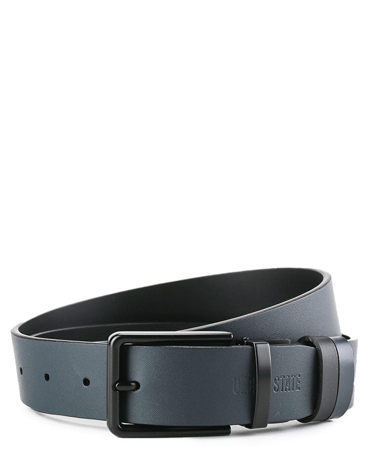 Black Slim Square Pin Buckle Reversible Top Grain Leather Belt - Black Blue