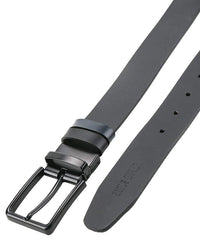 Black Slim Square Pin Buckle Reversible Top Grain Leather Belt - Black Blue