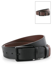 Black Slim Square Pin Buckle Reversible Top Grain Leather Belt - Black Brown