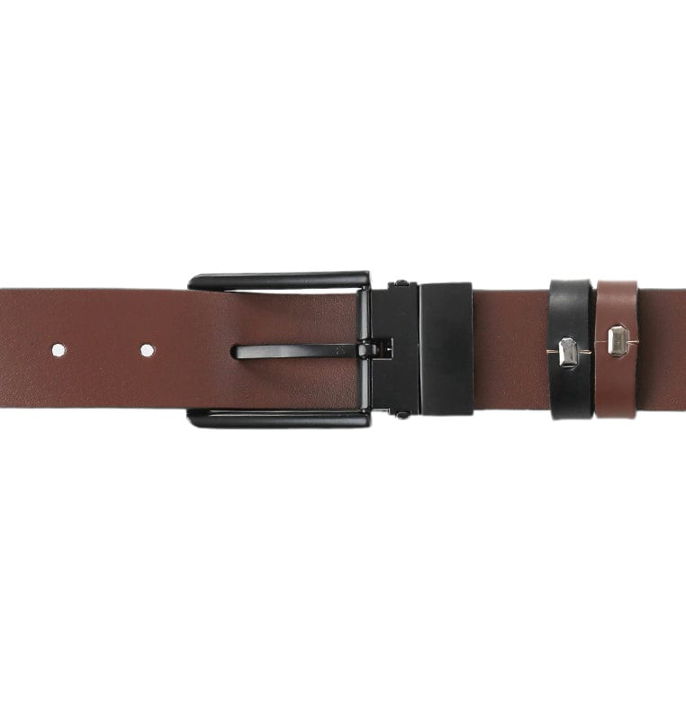 Black Slim Square Pin Buckle Reversible Top Grain Leather Belt - Black Brown