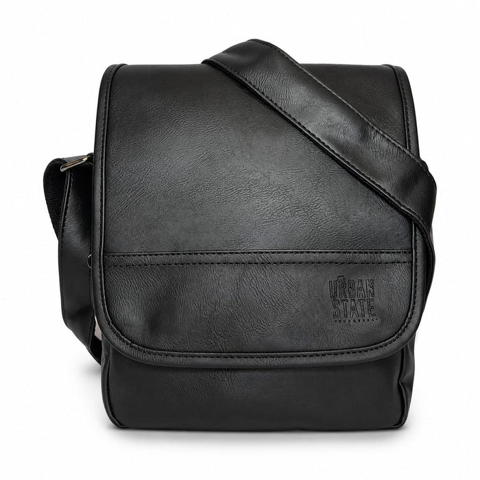 Distressed Leather Courier Crossbody Bag - Black