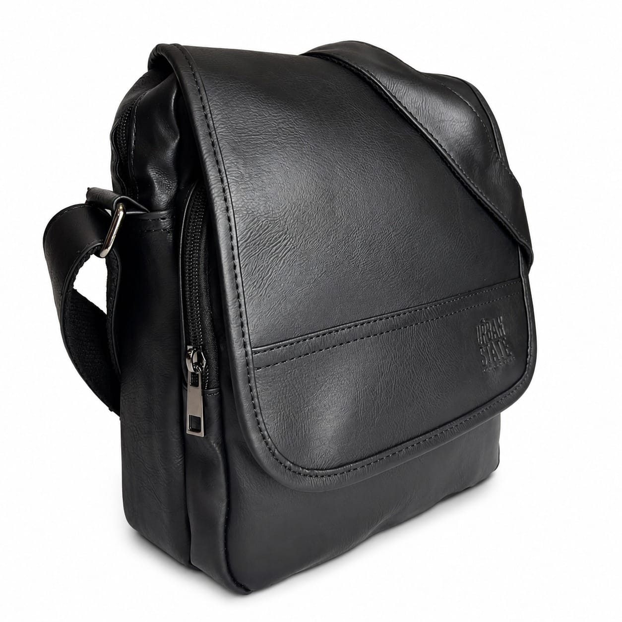 Distressed Leather Courier Crossbody Bag - Black