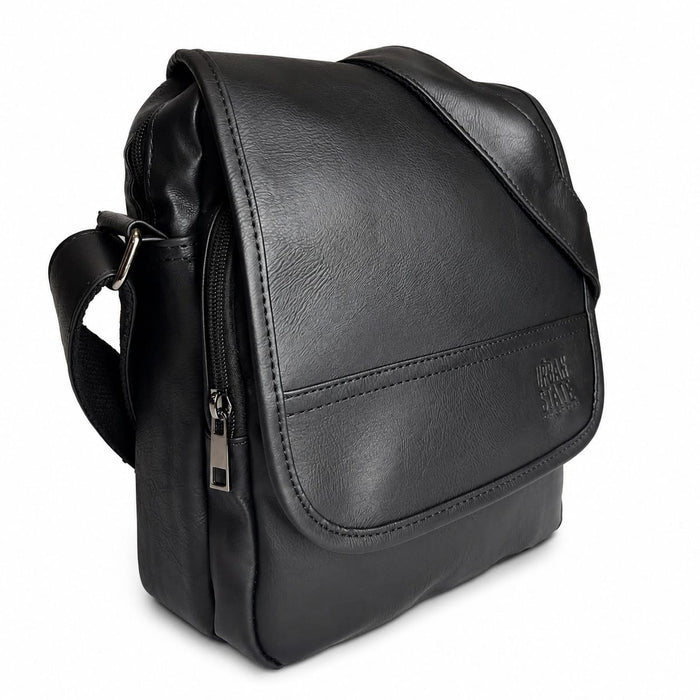 Distressed Leather Courier Crossbody Bag - Black