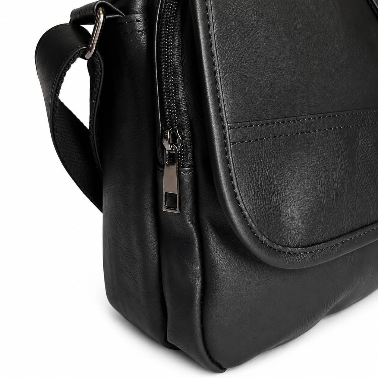 Distressed Leather Courier Crossbody Bag - Black